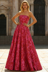 Strapless Fuchsia A Line Floral Long Prom Dress with Slit