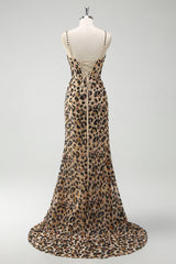 Sparkly Kahki Leopard Mermaid Sequins Long Corset Prom Dress with Slit
