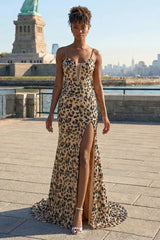 Sparkly Kahki Leopard Mermaid Sequins Long Corset Prom Dress with Slit