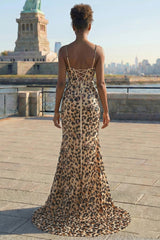 Sparkly Kahki Leopard Mermaid Sequins Long Corset Prom Dress with Slit