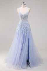 Lavender A Line Spaghetti Straps Tulle Beaded Long Prom Dress with Slit