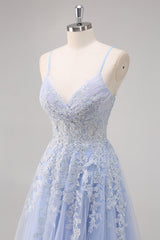 Lavender A Line Spaghetti Straps Tulle Beaded Long Prom Dress with Slit