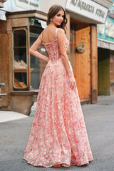 Pink Floral A-Line Off The Shoulder Long Prom Dress with Slit