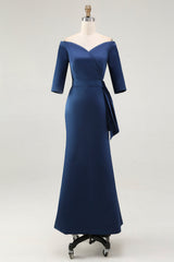 Navy Off the Shoulder Mermaid Long Mother of The Bride Dress with Sleeves