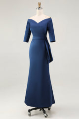 Navy Off the Shoulder Mermaid Long Mother of The Bride Dress with Sleeves