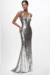 Sparkly Silver V-neck Sequined Mermaid Formal Dress