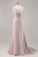 Khaki Satin One Shoulder Mermaid Long Formal Dress
