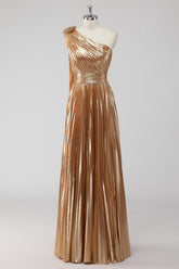 Golden Metallic A-Line Satin One Shoulder Long Formal Dress with Pleated