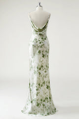 Floral Green Spaghetti Straps Mermaid Long Bridesmaid Dress with Slit