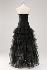 A Line Black Strapless Tiered Formal Dress with Slit