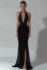 Sparkly Black Halter Mermaid Long Formal Dress with Slit