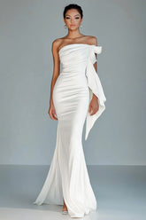 White Strapless Mermaid Long Formal Dress with Ruffles