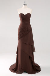 Dark Brown Sweetheart Ruched Long Formal Dress with Ruffles