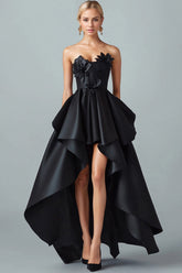 Black A-Line Strapless Ruffled Satin High-Low Formal Dress with 3D Flowers