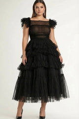 Black A-Line Flatter Sleeves Ruffles Tulle Tea Length Formal Dress