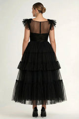 Black A-Line Flatter Sleeves Ruffles Tulle Tea Length Formal Dress