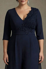 Plus Size Navy Chiffon V-Neck Half Sleeves Mother of the Bride Dress with Appliques