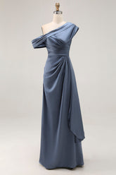 Grey Blue Mermaid Satin One Shoulder Ruched Formal Dress with Ruffles