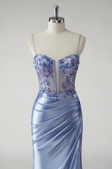 Sparkly Mermaid Blue Satin Corset Prom Dress with Slit