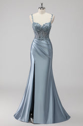 Sparkly Grey Blue Corset Satin Mermaid Long Prom Dress with Slit