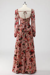 Dusty Rose Floral A Line Corset Long Sleeves Wedding Guest Dress with Slit