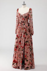 Dusty Rose Floral A Line Corset Long Sleeves Wedding Guest Dress with Slit