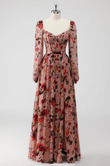Dusty Rose Floral A Line Corset Long Sleeves Wedding Guest Dress with Slit