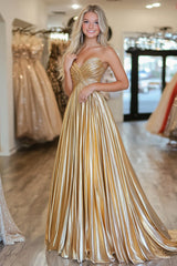 Chic Gold A Line Metallic Spaghetti Straps Pleated Long Prom Dress