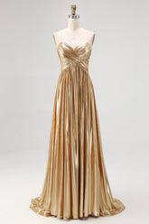Chic Gold A Line Metallic Spaghetti Straps Pleated Long Prom Dress