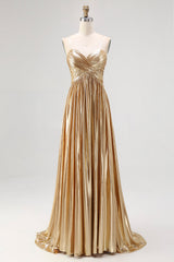 Chic Gold A Line Metallic Spaghetti Straps Pleated Long Prom Dress