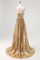 Chic Gold A Line Metallic Spaghetti Straps Pleated Long Prom Dress