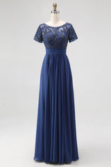 Navy Boat Neck Appliques A-Line Long Mother Of the Bride Dress with Sleeves