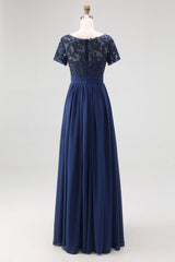 Navy Boat Neck Appliques A-Line Long Mother Of the Bride Dress with Sleeves