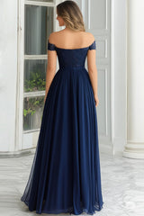 Elegant A-Line Navy Off the Shoulder Chiffon Long Mother Of the Bride Dress with Lace Appliques