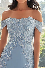 Sky Blue Off the Shoulder Chiffon Sheath Long Mother of the Bride Dress with Appliques