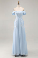 Sky Blue Off the Shoulder Chiffon Sheath Long Mother of the Bride Dress with Appliques