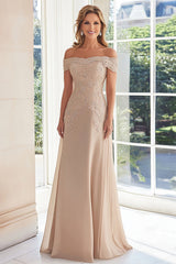 Taupe Off the Shoulder Chiffon Sheath Long Mother of the Bride Dress with Lace