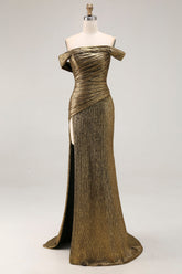 Gold Metallic Off The Shoulder Sheath Long Prom Dress With Slit