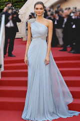 Elegant Sky Blue One Shoulder A Line Gala Dress with Beading