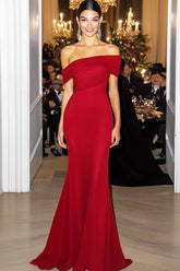 Red Sheath Chiffon Off The Shoulder Long Gala Ball Dress