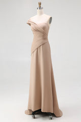 Light Khaki Jersey One Shoulder Sheath Long Pleated Gala Dress