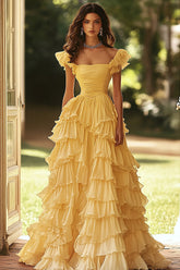 Square Neck A Line Light Yellow Tiered Long Prom Dress