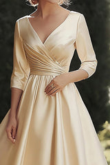 Champagne A Line Satin Half Sleeves Long Mother of the Bride Dress