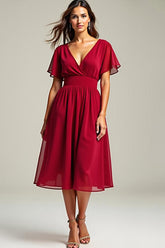 Red V-Neck Knee Length Chiffon Mother of the Bride Dress with Short Sleeves