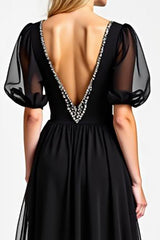 Black Long Chiffon Beaded Mother of the Bride Dress with Puff Sheer Sleeves