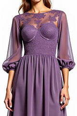Plum Chiffon High Low Mother of the Bride Dress with Long Sleeves