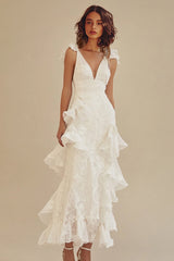 White V-Neck A-Line Lace Long Little White Dress with Ruffles