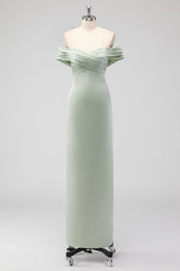 Sage Green Off the Shoulder Satin Sheath Long Bridesmaid Dress