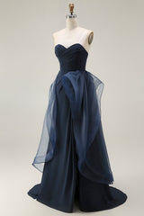 Navy Satin Strapless Mermaid Long Ruffled Prom Dress with Cape