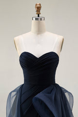 Navy Satin Strapless Mermaid Long Ruffled Prom Dress with Cape